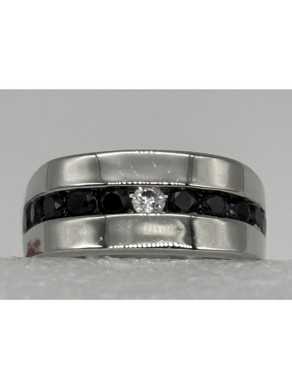 Mens Stainless Steel Ring Channel Set CZ and Black Rhinestones Modern Not Signed